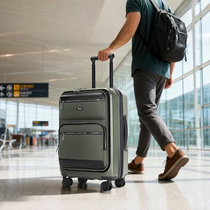 20 Inch Softside Suitcase with Spinner wheels, Carry on Luggage with & USB Port,Hybrid Soft Front & Hard Shell Large Checked Luggage with TSA Lock, Green - color: Green, size: 20 Inch