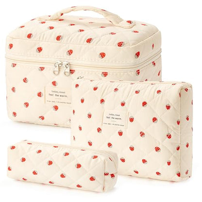 HBselect Quilted Makeup Bag, 3Pcs Cotton Large Travel Makeup Bags Organizer - color: A-3PCS-Floral 15