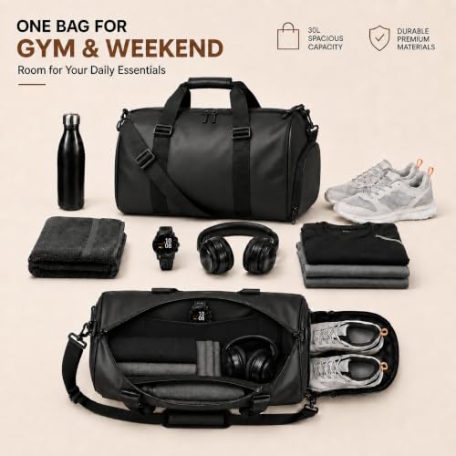 Gym Duffel Bag with Shoe Compartment, Water Resistant Travel Bag - color: black