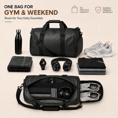 Gym Duffel Bag with Shoe Compartment, Water Resistant Travel Bag - color: black