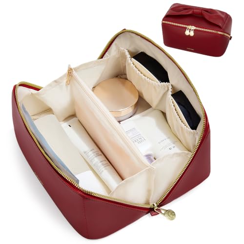 SHOWKOO Cosmetic Bag for Women, WideOpen Travel Makeup Bag with Compartment - color: Wine Red