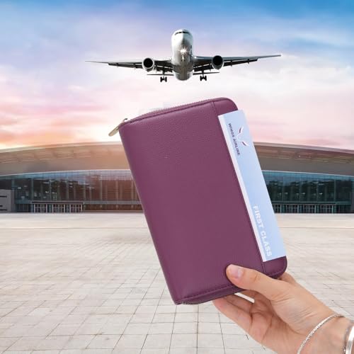 Leather Zipper Passport Wallet Holder Travel Essentials with RFID Blocking - color: Purple