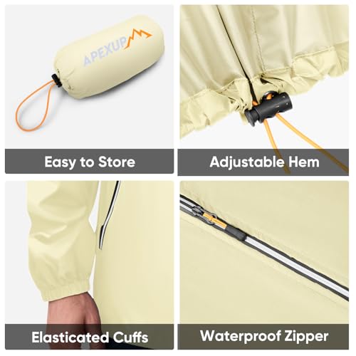 APEXUP Packable Rain Jacket Men Waterproof Lightweight Raincoat with Hood - color: Beige, size: Medium