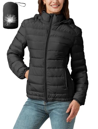 Packable Down Jacket Women Lightweight Quilted Puffer Coat Hooded Travel - color: Black, size: X-Large