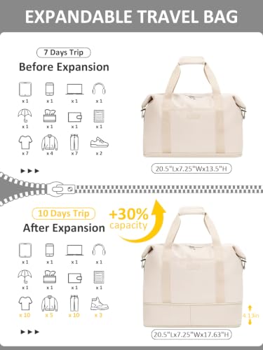 Capolo Expandable Travel Duffle Bag Weekender Overnight Bags for Women Men - color: Off-white, size: X-Large