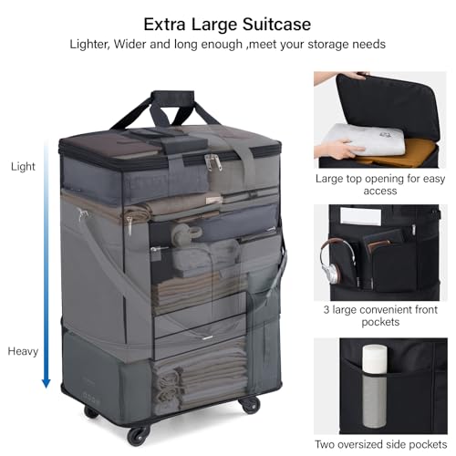 Hanke Expandable Collapsible Luggage with Wheels, Black Upgrade Version 2, 98L, Water-Resistant, 5 Spinner Wheels, 3 Pockets, Polyester, 19x13x27.2 inches, 6.1lb, Carry-On Luggage, Travel, Vacation - color: Black-1