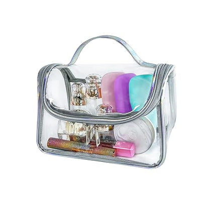 Heavy Duty Clear Travel Makeup Bag, 9.05 x 5.9 x 5.51 inches, Transparent Waterproof Toiletry Organizer with Handle PVC Cosmetic Wash Bath Storage Bag (Clear) - color: silver
