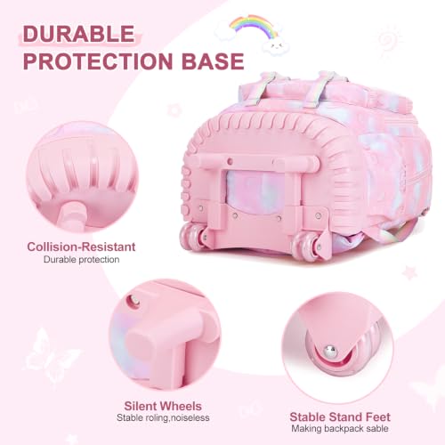 3PCS Rainbow Butterfly Rolling Backpack for Girls with Lunch Box (Pink) - color: Pink