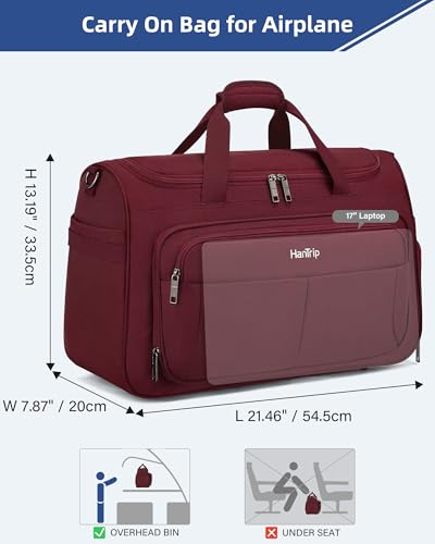 HanTrip 21 Inch Carry On Duffel Bag Foldable Overnight Tote Bags, Burgundy - color: Burgundy, size: Carry-on 21.5-Inch