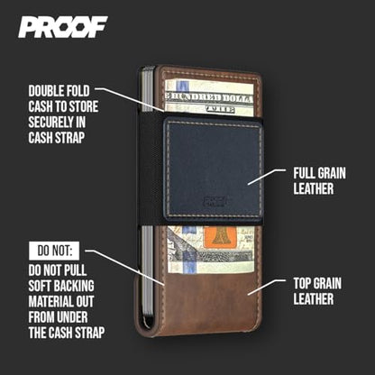 PROOF Slim Minimalist Wallets for Men | Leather & Metal | RFID Wallet - color: Leatherneck (Classic Brown Top Grain Leather | Navy Blue Gunmetal)
