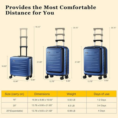 CENSIEN Expandable 16 Inch Carry On Luggage Airline Approved Small Suitcase - color: Navy Blue, size: 16 Inch EXT