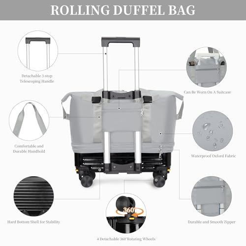 Rolling Duffel Bag with Detachable Wheels & Handle,Expandable Foldable Travel Duffle Bag,Carry on Luggage Large Tote Bag for Gym Overnight Weenkend Trip(Grey) - color: Grey with Handle