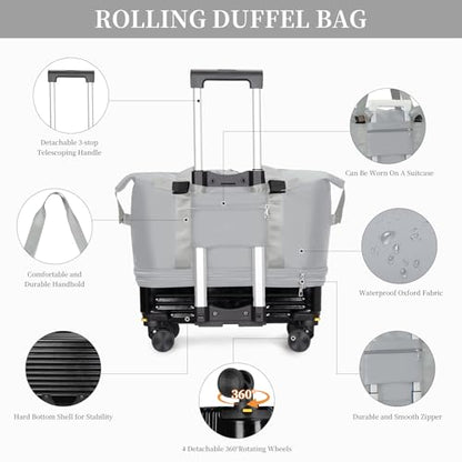 Rolling Duffel Bag with Detachable Wheels & Handle,Expandable Foldable Travel Duffle Bag,Carry on Luggage Large Tote Bag for Gym Overnight Weenkend Trip(Grey) - color: Grey with Handle