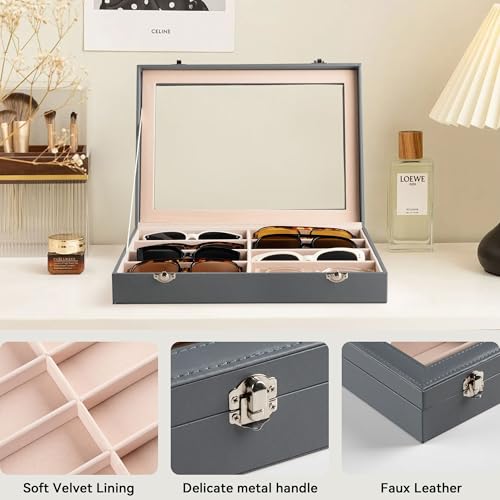 Frebeauty 8-Slot Sunglass Organizer,Sunglass Holder with Clear Lid - color: Grey, size: With Lid