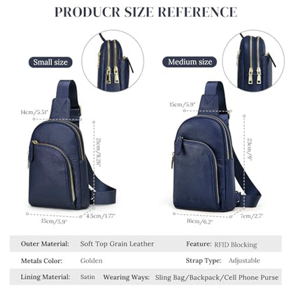 S-ZONE Genuine Leather RFID Blocking Small Sling Bag Women Crossbody Fanny Packs - color: Blue, size: Medium