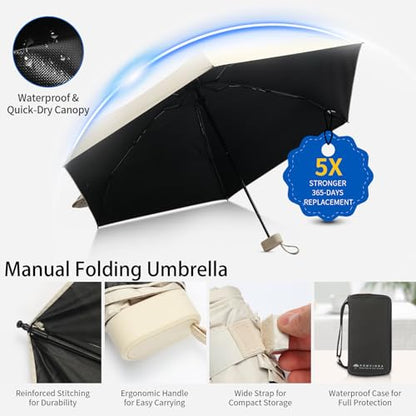 Compact Mini Windproof Travel Umbrella-UPF 50+ Sun & Rain Protection, Small Folding Design Fits in Pocket or Purse, Lightweight Portable with Case for Women, Men & Kids - color: Beige