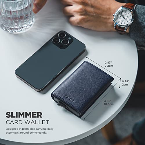 VULKIT Pop up Card Wallet Minimalist Cash Wallets RFID Blocking Leather Smart Credit Card Holder with ID window for Men(Navy) - color: Navy