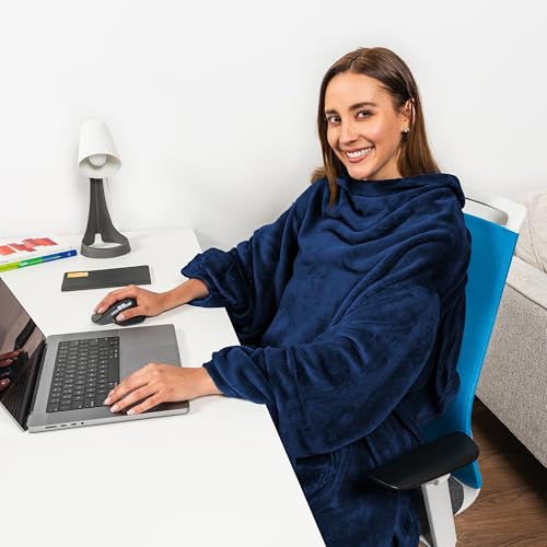 PAVILIA Blanket with Sleeves for Adult Women Men, Soft Warm Wearable Blanket Fleece Wrap Throw, Robe Blanket Gift - color: Navy
