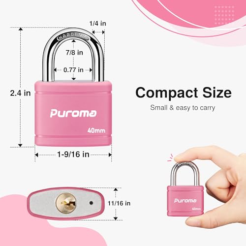 Puroma 2 Keyed Padlock with 3 Keys 7/8" School Locker Lock Gate 40mm Pink - color: Pink