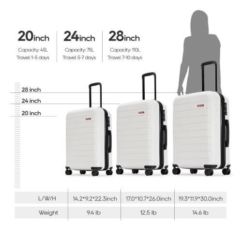 GinzaTravel 3-Piece White ABS Hardside Luggage Set 20"/24"/28" Suitcases - color: White