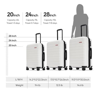 GinzaTravel 3-Piece White ABS Hardside Luggage Set 20"/24"/28" Suitcases - color: White
