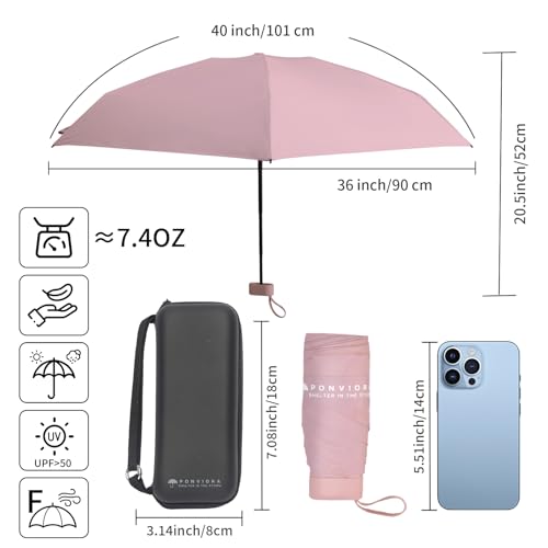 Compact Mini Windproof Travel Umbrella-UPF 50+ Sun & Rain Protection, Small Folding Design Fits in Pocket or Purse, Lightweight Portable with Case for Women, Men & Kids - color: Pink