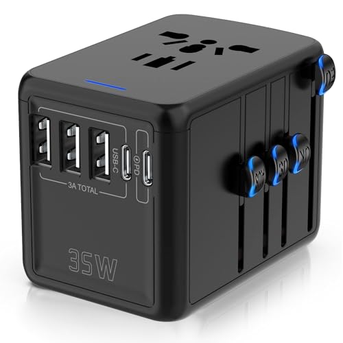 JMFONE 35W PD Universal Travel Adapter, Fast Charging International Adapter - color: 3USBA+2USBC- Deep Black