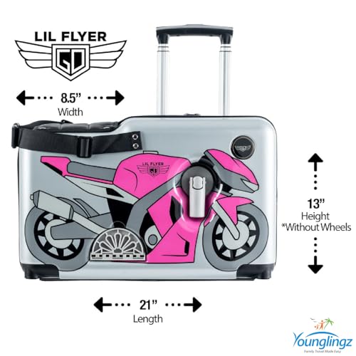 Younglingz LIL FLYER GO Version 2 Ride On Suitcase for Kids | Carry On Luggage with Toddler Seat, Foldable Handlebars, Pedals, and Removable Wheels | Holds up to 80 lbs | Pink Motorcycle | Ages 2-6 - color: Pink Motorcycle V2