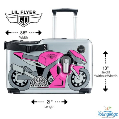 Younglingz LIL FLYER GO Version 2 Ride On Suitcase for Kids | Carry On Luggage with Toddler Seat, Foldable Handlebars, Pedals, and Removable Wheels | Holds up to 80 lbs | Pink Motorcycle | Ages 2-6 - color: Pink Motorcycle V2