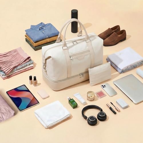 Women's Weekender bag Travel Duffel Bag with Shoe Compartment 21-inch Airline-Approved Carry-On, 2-Piece Overnight Bag Set Personal Item Luggage - color: 3PCSBeige