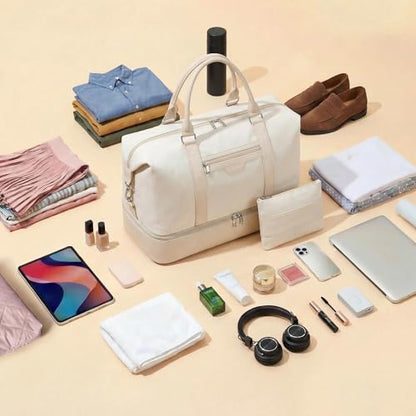 Women's Weekender bag Travel Duffel Bag with Shoe Compartment 21-inch Airline-Approved Carry-On, 2-Piece Overnight Bag Set Personal Item Luggage - color: 3PCSBeige