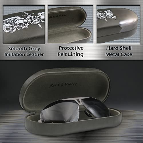 MyEyeglassCase - Large Sunglasses Case - Hard Glasses Case Holder w/Pouch & Cloth - Eyeglass Case Aviator Frames Men & Women - color: Grey Skulls