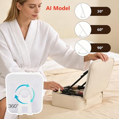 Travel Makeup Bag with Mirror & 8 Adjustable EVA Dividers, Beige - color: Beige-8 Dividers