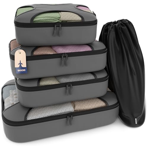 Shacke 5 Set Packing Cubes for Travel with Laundry Bag (Dark Grey) - color: 5 Set - Dark Grey, size: Set of 5