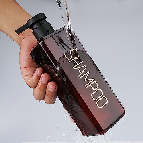 Shampoo and Conditioner Dispenser Shower Soap Bottles 3 Pack 550ml/18.6oz Refillable Shampoo Pump Bottle Dispenser Plastic Empty Body Wash Dispensers with Stylish Permanent Labels for Bathroom (Brown) | Plastic Empty Containers Fitted with Permanent Label