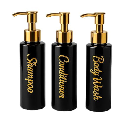 Shampoo and Conditioner Dispenser - Essentials Toiletry Bottles - Shower Refillable Shampoo and Body Wash Soap Pump Bottle – 3x 3oz TSA-approved Travel Size Containers - Black All Gold 2 Round - color: Black All Gold 2 Round, size: Small