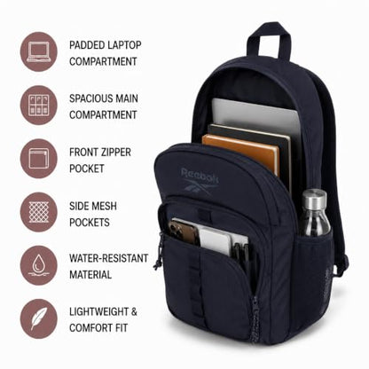Reebok Travel Backpack Water Resistant Everyday Bag with Laptop Sleeve - color: Santa Fe Navy Blazer