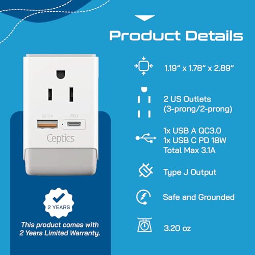 Ceptics Switzerland Plug Adapter, Travel with QC 3.0 & PD, Safe Dual USB & USB-C - 2 USA Socket Compact & Powerful - Quick Charge 3.0 & Power Delivery - Type J AP-11A - Fast Charging - size: 1 Pack, style: Type J - PD 20W USB-C