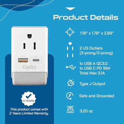 Ceptics Switzerland Plug Adapter, Travel with QC 3.0 & PD, Safe Dual USB & USB-C - 2 USA Socket Compact & Powerful - Quick Charge 3.0 & Power Delivery - Type J AP-11A - Fast Charging - size: 1 Pack, style: Type J - PD 20W USB-C