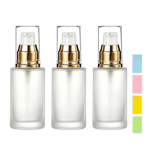 3Pcs 1oz Clear Frosted Glass Lotion Pump Bottles with Stickers - size: 30ML/1oz