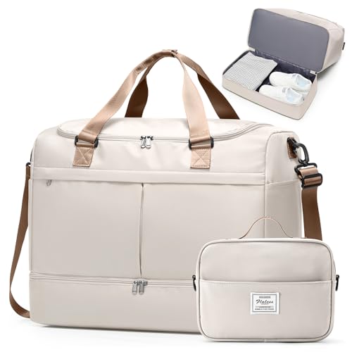 Travel Duffel Bag with Shoe Compartment,Overnight Weekender Bags for Women - color: Beige & Brown with Toiletry Bag