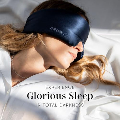 DROWSY Silk Sleep Mask - Face-Hugging, Padded Cocoon for Luxury Sleep in Total Darkness - 100% Pure Mulberry Silk, Skin-Hydrating & Adjustable (Midnight Blue)