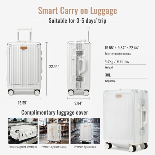 Joyway Front Opening PC Aluminum Carry On Luggage, Business Travel Hard Shell Suitcase with Laptop Compartment, Braking Spinner Wheels and Phone Holder, 20 Inch - color: White, size: 20 Inch