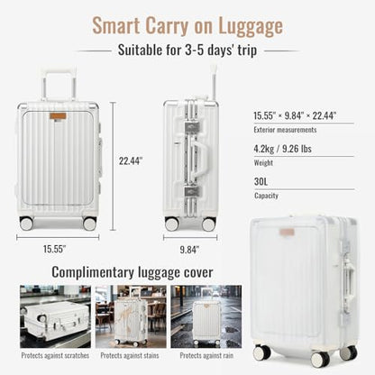 Joyway Front Opening PC Aluminum Carry On Luggage, Business Travel Hard Shell Suitcase with Laptop Compartment, Braking Spinner Wheels and Phone Holder, 20 Inch - color: White, size: 20 Inch