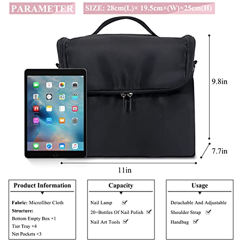 Large Makeup Carrying Train Case for Women, 4 Tier Travel Bag Box, Black - color: Black Regular