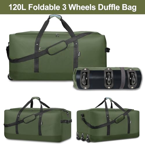 Finnhomy 120L Foldable Rolling Duffel Bag with 3 Wheels, Light Weight Travel Duffel bag with Large Loading Capacity, 32'' Rolling Duffel bag with Shoulder Strap - color: Green