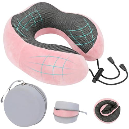 Travel Neck Pillow, 100% Memory Foam, U-Shaped with Storage Box, Pink - color: Pink