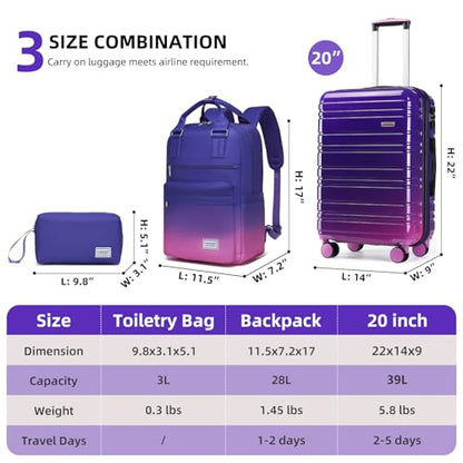 LARVENDER Carry on Luggage Sets 3 Piece, 20 Inch Suitcases, Midnight Berry - color: Midnight Berry-20BP, size: 3 Piece Set (Backpack/TB/20)