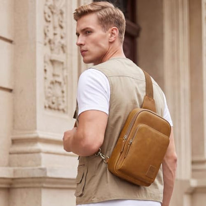 S-ZONE Genuine Leather Sling Bag for Women Men RFID Blocking Card Slots - color: Light Brown