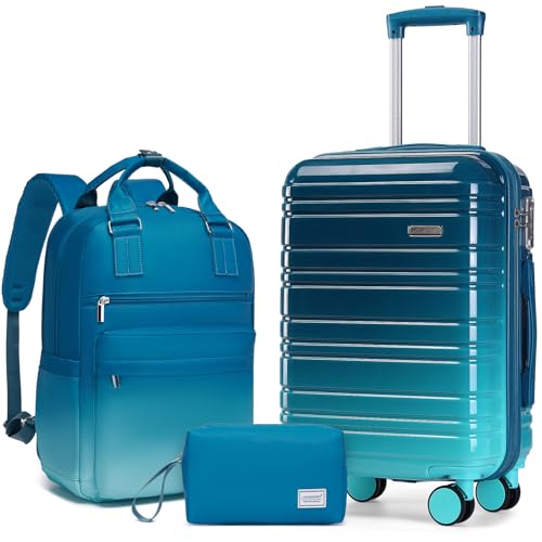 LARVENDER Carry on Luggage Sets 3 Piece, 20 Inch Suitcases, Ocean Breeze - color: Ocean Breeze-20BP, size: 3 Piece Set (Backpack/TB/20)